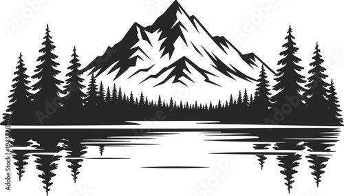 Mountain Landscape Silhouette With Pine Forest And Lake Reflection Vector Illustration Isolated On White