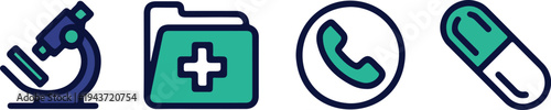Healthcare icon set with pills microscope emergency call medicine and medical folder symbols colorful vector illustration