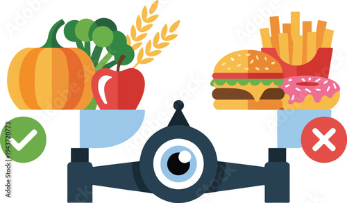 Choice between healthy and unhealthy food concept vector illustration balanced diet versus junk food lifestyle comparison