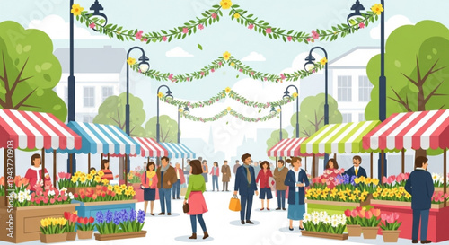 Vibrant outdoor flower market with people shopping and colorful stalls