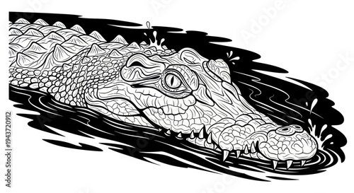 Detailed Line Art Illustration of a Crocodile Emerging from Dark Water