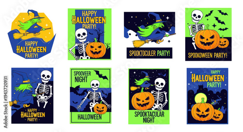 Halloween Party Invitations Set: Witch, Skeleton, Pumpkins, Bats