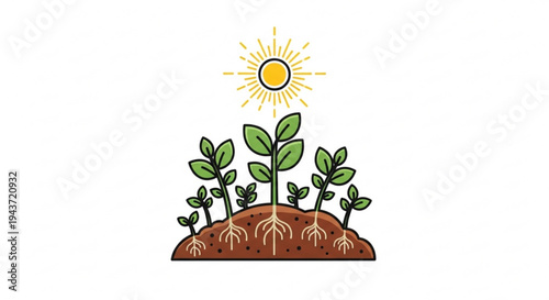 Green seedlings growing in brown soil under a bright yellow sun with rays representing new life and growth in a natural environment