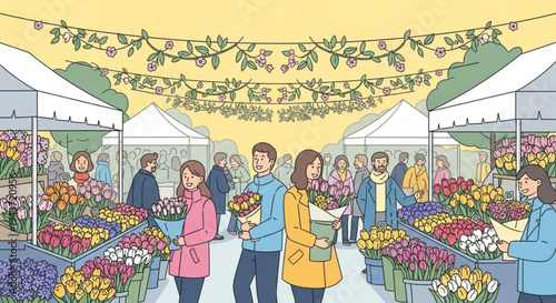 Vibrant outdoor flower market scene with people shopping and socializing among colorful stalls and white tents under a sunny yellow sky with floral decorations