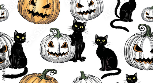 Halloween Black Cats and Jack O Lantern Pumpkins Seamless Pattern