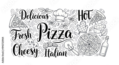 Hand-drawn pizza illustration with Italian text and ingredients