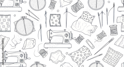 Hand-drawn sewing equipment and fabric pattern, vintage style