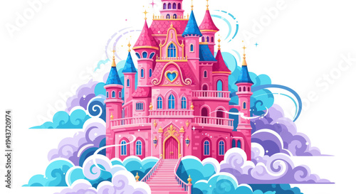 Pink Fairytale Castle Floating in Clouds, Fantasy Palace Illustration