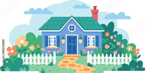 Cute Blue Cottage House Vector Illustration With Blooming Garden And White Picket Fence