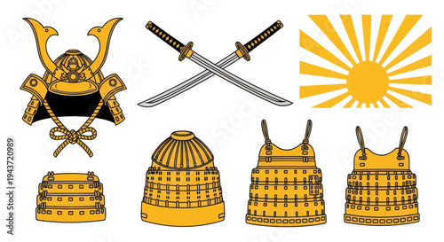 Samurai Warrior Gear: Helmet, Swords, Armor, and Rising Sun Symbol