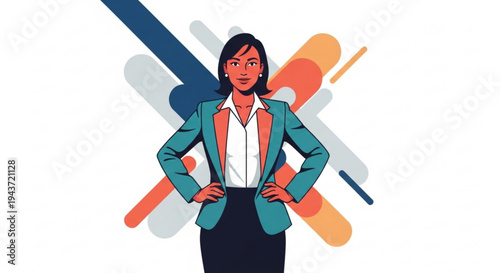 Confident businesswoman standing with hands on hips in colorful abstract background