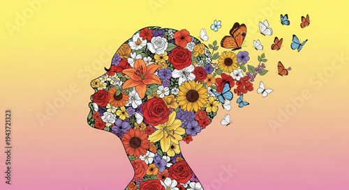 Vibrant floral human head silhouette with butterflies emerging symbolizing creativity and freedom on a colorful gradient background