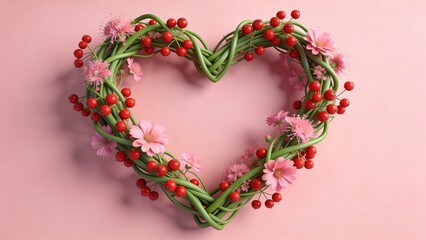 Heart Shaped Wreath Made of Green Vines with Red Berries and Pink Flowers on Pastel Pink Background, Valentine Day Romantic Floral Frame Top View 3D Render