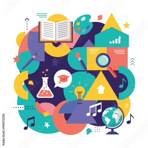 Colorful illustration with educational elements like a book, globe, and art supplies