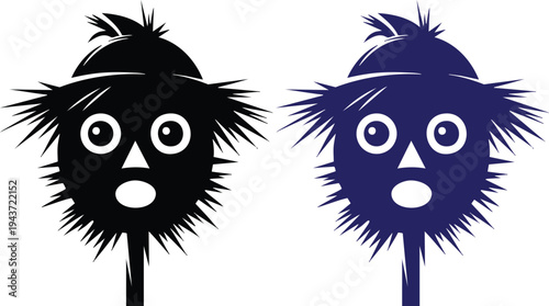 Quirky Scarecrow Head Silhouette Set, Whimsical Straw Figure Character Design, Expressive Spiky-Haired Avatar Icons, vector, illustration, silhouette.