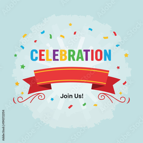 Colorful illustration with "Celebration" text, a red banner, and confetti