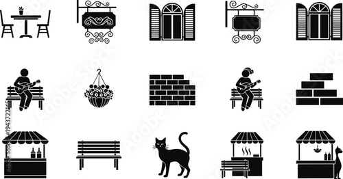 Urban street life silhouette icons set including cafe furniture outdoor bench storefront cat and guitar player isolated on white background for city architectural design