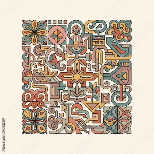Colorful intricate geometric design with layered shapes