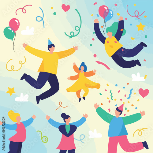 Colorful illustration with people celebrating with balloons, confetti, and ribbons
