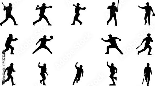 Dynamic Baseball Player Silhouettes Collection Illustrating Various Game Actions and Athletic Movement