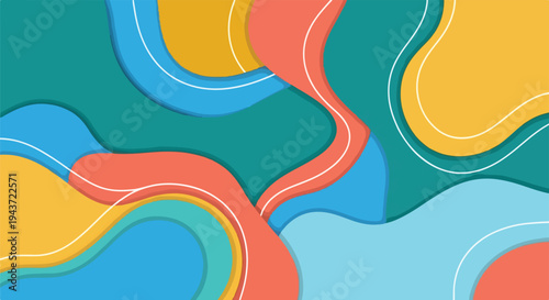 Colorful, layered abstract art, flowing shapes, with curved lines and vibrant hues