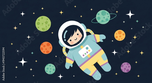 Cosmic Explorer: A charming astronaut, embarking on an interstellar journey, floats among vibrant planets and shimmering stars, inviting viewers to explore the wonders of the cosmos.