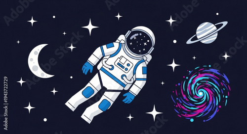 Astronaut in Universe: An astronaut floats serenely through a star-studded expanse, surrounded by celestial bodies, planets, and galaxies. A visual journey into the cosmos.