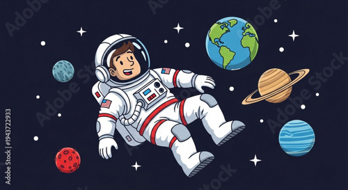 Astronaut in Cosmos: An astronaut, weightless and carefree, floats amidst the celestial tapestry of space, surrounded by planets and stars, embodying the spirit of exploration and adventure. 