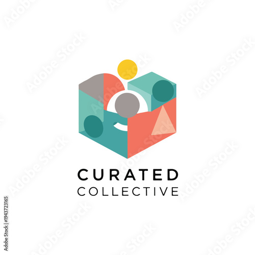 Colorful logo featuring shapes and geometric box with text below