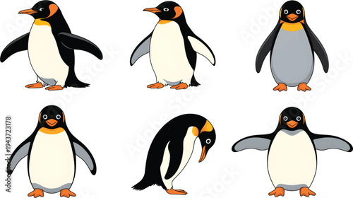 A delightful collection of six charming cartoon penguin illustrations, each with unique poses and expressions, perfect for children's designs, winter themes, and educational projects