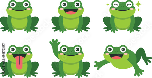A playful collection of vibrant green cartoon frogs depicted with various cheerful expressions and dynamic poses, ideal for children's books and educational materials