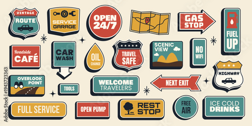 Retro sticker set. Vintage gas station and road trip signs, open 24/7 badges, car wash, oil change, travel arrows, maps and service icons. Vector illustration in vintage colors mid century 1950s style