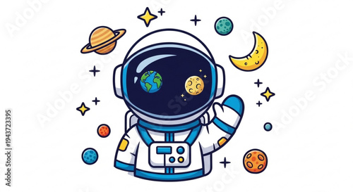 Astronaut in Space: A charming illustration of an astronaut explores the vastness of space. floating near planets, stars, and celestial bodies. This design embodies curiosity.