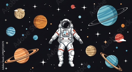 Astronaut in Outer Space: A solitary astronaut floats serenely against the backdrop of a vibrant cosmos, surrounded by planets and celestial bodies.