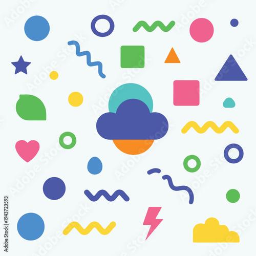 Colorful, playful arrangement of geometric shapes and simple symbols