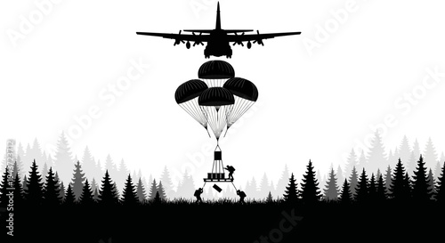 Military Cargo Plane Drops Paratroopers and Supplies Over Forest Silhouette