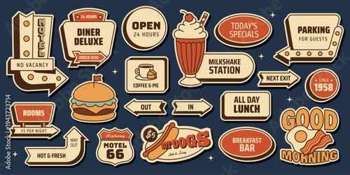 Retro diner and motel sticker set with breakfast, lunch and roadside food signs, burger, milkshake, hot dog, coffee, pie, egg and bacon and more. Vector illustration in vintage mid century 1950s style