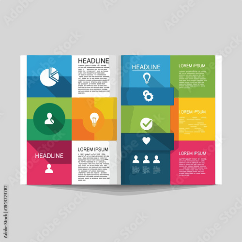 Colorful spread with squares, icons, and text, representing a design concept