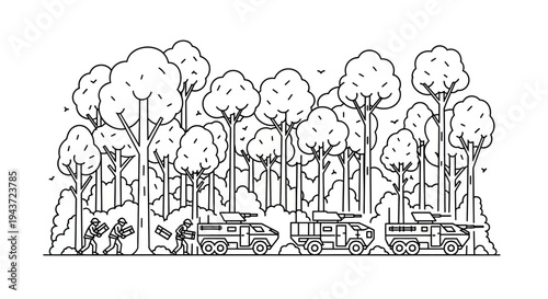 Military convoy with soldiers and armored vehicles in a forest, line art illustration.