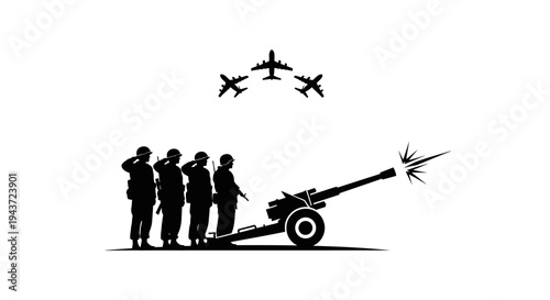 Military Salute: Soldiers, Cannon Firing, and Airplanes Fly Over