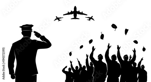 Military Salute to Airplanes, Crowd Cheers and Throws Hats in Celebration