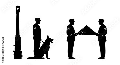 Military Service Symbols: Cannon, K9 Unit, and Flag Folding Ceremony