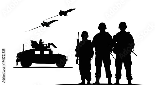 Military Silhouette: Soldiers, Humvee, and Fighter Jets in Formation