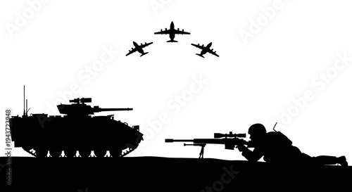 Military Silhouette: Tank, Sniper, and Jets in Formation