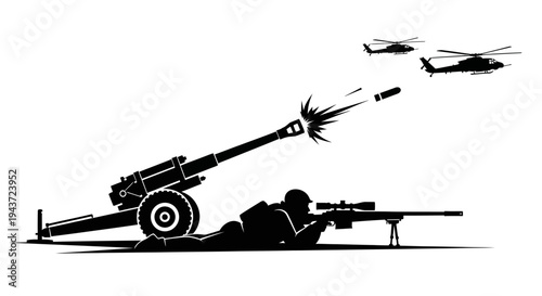 Military Sniper and Artillery Gun Firing with Helicopters in Action