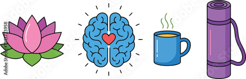 A serene illustration of a lotus flower, a brain with a heart, a steaming cup of coffee, and a yoga mat on the floor.