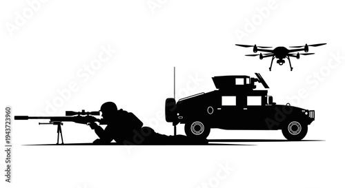 Military Sniper, Drone, and Humvee Silhouette: Modern Warfare Surveillance and Reconnaissance
