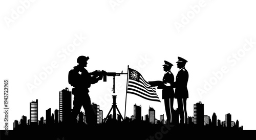 Military Soldier and Officers with American Flag Silhouette Over City Skyline