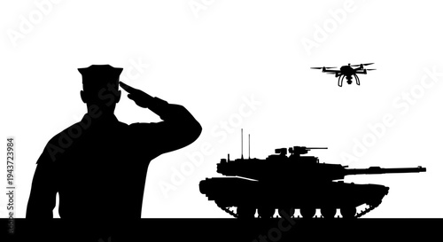 Military Soldier Saluting Tank and Drone Silhouette on White Background