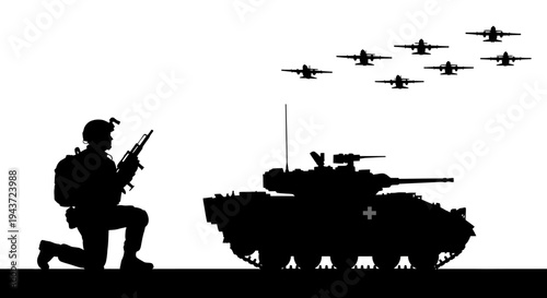 Military Soldier and Tank Silhouette with Airplanes Overhead